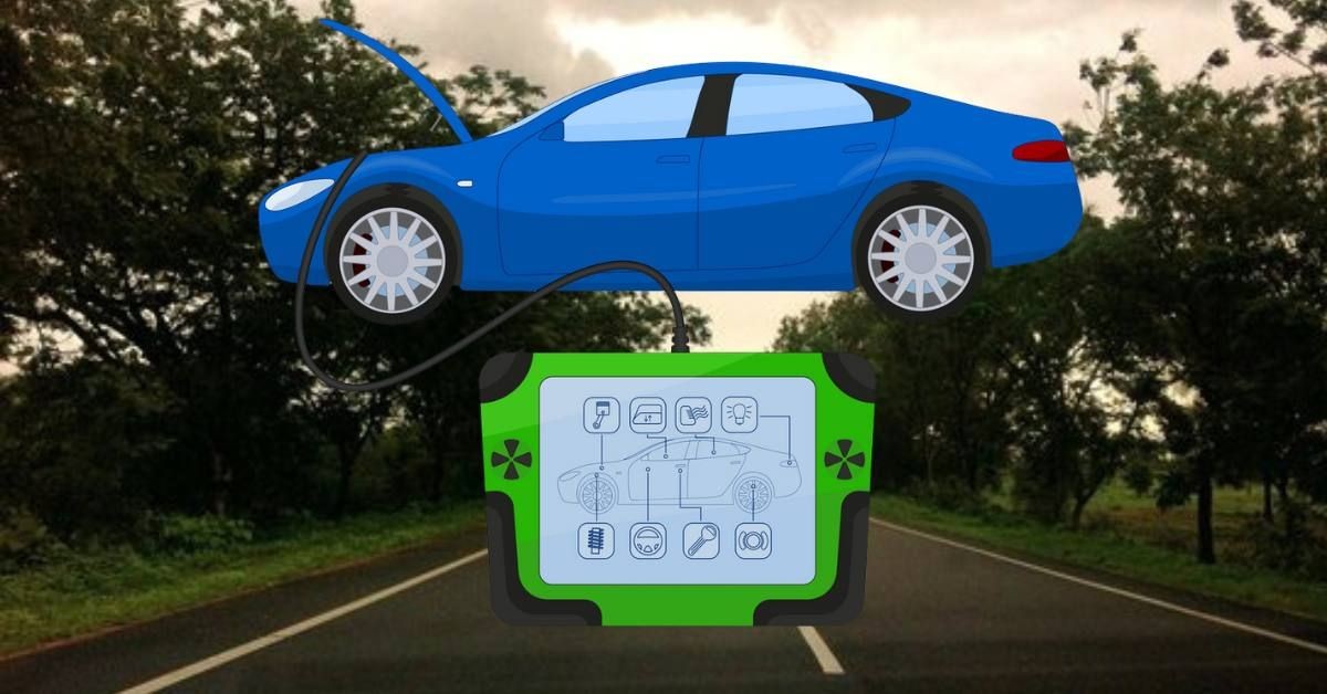 Cartoon blue car with diagnostics tool on tree-lined road.